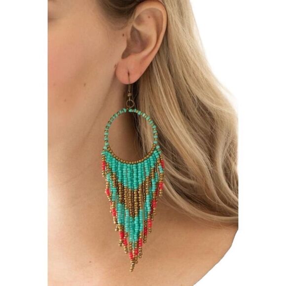 Boho Fringe Seed Bead Dangle Hoop Statement Festival Earrings Turquoise Bronze - Picture 3 of 3